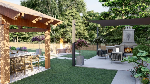 main-line-backyard-fireplace-pergola-design Evening view of professionally maintained Main Line lawn with landscape lighting