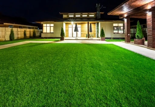 Evening view of professionally maintained Main Line lawn with landscape lighting