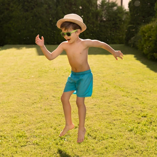 Happy child jumping on a well-maintained lawn, symbolizing stress-free property maintenance in Main Line homes