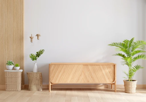main-line-property-maintenance-interior-style Modern minimalist interior with wood finishes and houseplants, part of Main Line property maintenance services